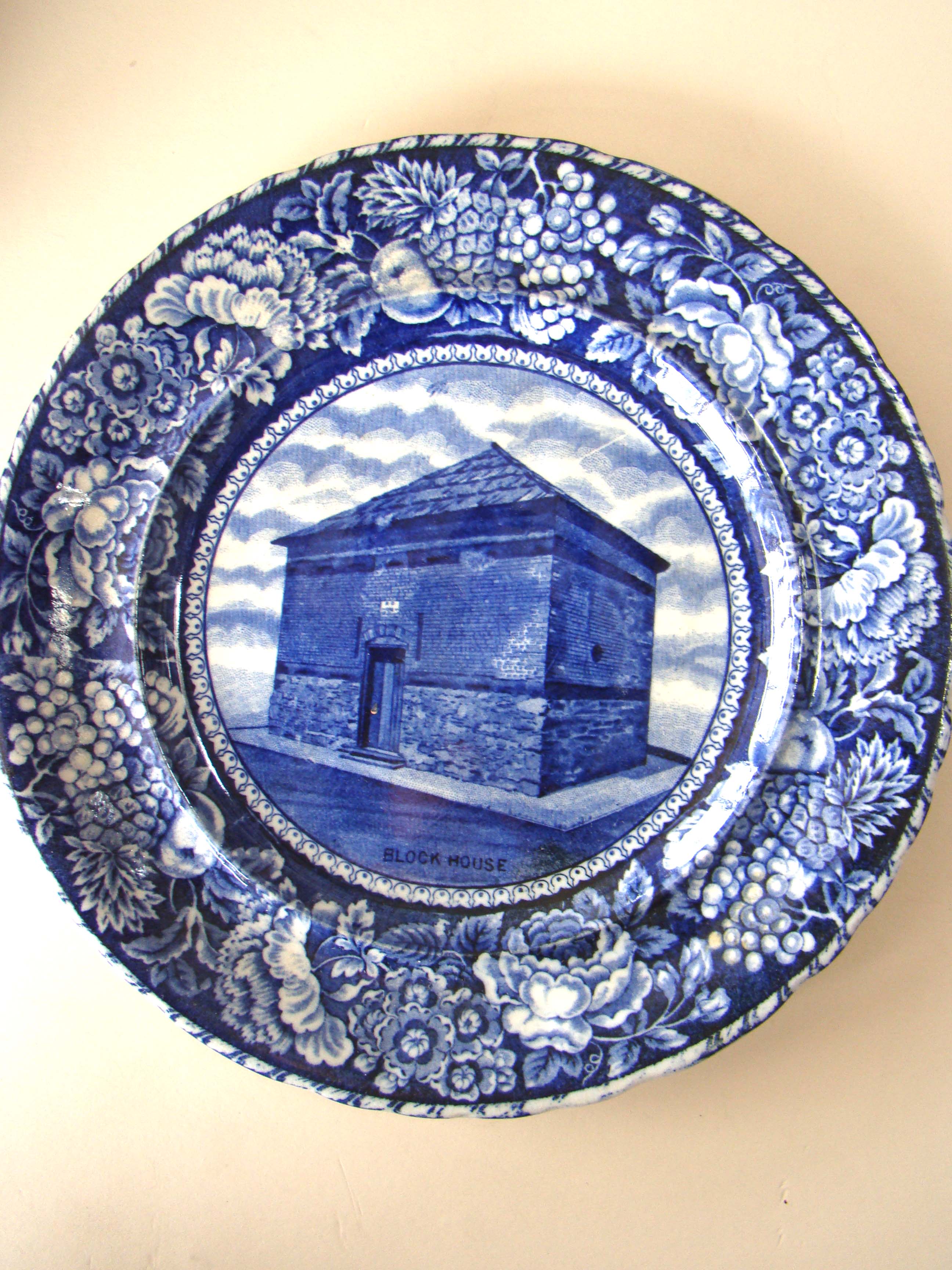 An historical Staffordshire plate depicting the Block House (Customs Building) built in 1845 on Long Wharf in Boston.